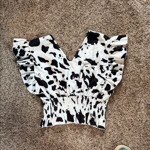 Smocked Waist Cow-Print Flutter Sleeve Blouse - Black & White